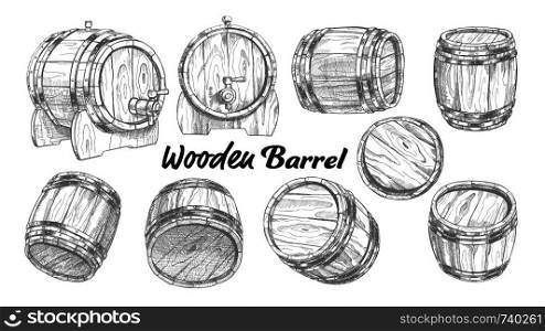 Vintage Wooden Barrel In Different Side Set Vector. Collection Of Barrel For Production, Storaging And Shipping Alcoholic Drinks. Monochrome Equipment Object For Liquid Cartoon Illustration. Vintage Wooden Barrel In Different Side Set Vector