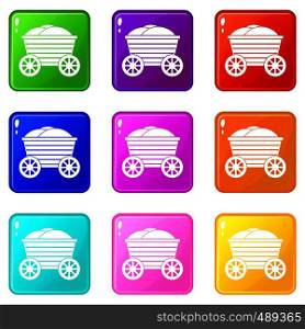Vintage wooden cart icons of 9 color set isolated vector illustration. Vintage wooden cart set 9
