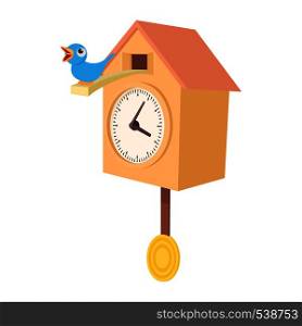 Vintage wooden cuckoo clock icon in cartoon style on a white background. Vintage wooden cuckoo clock icon, cartoon style