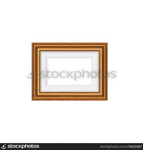 Vintage wooden photo frame isolated picture bordering. Vector photography or mirror framing. Border of picture or mirror isolated wooden frame