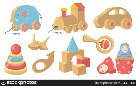 Vintage wooden toys flat item set. Cartoon old style car, cubes, rattle and devices made of wood isolated vector illustration collection. Childhood and retro toys concept