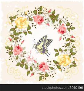 vintage wreath of roses and butterfly