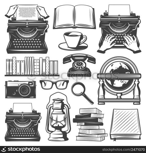 Vintage writer elements set with typewriter books coffee eyeglasses magnifier oil lamp notebook camera retro globe telephone isolated vector illustration. Vintage Writer Elements Set