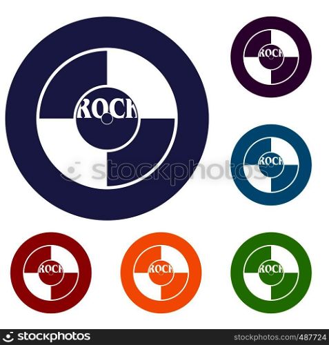 Vinyl icons set in flat circle red, blue and green color for web. Vinyl icons set
