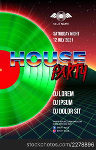 Vinyl party poster 80s style with arcade background and LP for House rave club nights. Advertising red and green leaflet or flyer with modern electronic music dance party