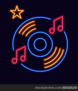 Vinyl plate and music neon logo for nightclub. Isolated disco lifestyle of city. Glowing board with tunes melodies and star. Bright banner. Label or sticker, logotype or sign. Vector in flat style. Neon sign for night club, vinyl plate and music
