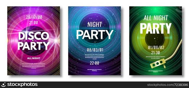 Vinyl poster. Vinyl record retro design flyer for music festival or dj night club disco party, old technology art image vector template. Electro party, music element for invitation, flyer.. Vinyl poster. Vinyl record retro design flyer for music festival or dj night club disco party, old technology art image vector template