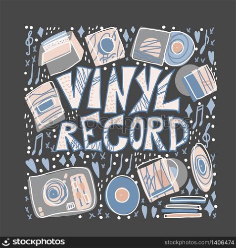 Vinyl record card. Text with musical symbols. Vector color illustration.