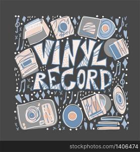 Vinyl record card. Text with musical symbols. Vector color illustration.