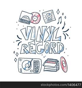 Vinyl record concept. Text with musical symbols. Vector color illustration.