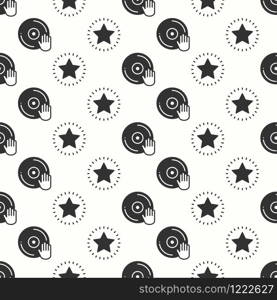 Vinyl record disco dance nightlife seamless pattern. DJ disk jockey turntable icon. Party celebration decor elements. Vector illustration. Background. Black and white graphic texture. Vinyl record disco dance nightlife seamless pattern. DJ disk jockey turntable icon. Party celebration decor elements. Vector illustration. Background. Black and white graphic texture.