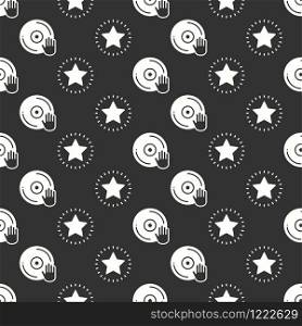 Vinyl record disco dance nightlife seamless pattern. DJ disk jockey turntable icon. Party celebration decor elements. Vector illustration. Background. Black and white graphic texture. Vinyl record disco dance nightlife seamless pattern. DJ disk jockey turntable icon. Party celebration decor elements. Vector illustration. Background. Black and white graphic texture.