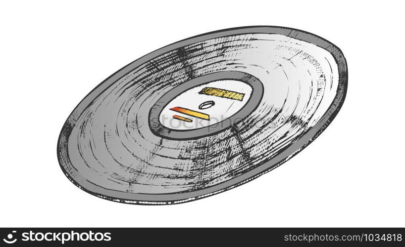 Vinyl Record For Listening Music Retro Vector. Classic Vinyl For Listening Melody And Song On Gramophone Engraving Concept Template Hand Drawn In Vintage Style Color Illustration. Vinyl Record For Listening Music Color Vector