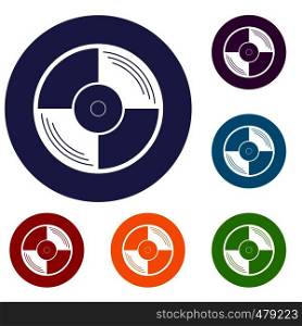 Vinyl record icons set in flat circle red, blue and green color for web. Vinyl record icons set
