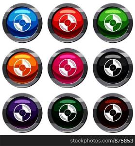 Vinyl record set icon isolated on white. 9 icon collection vector illustration. Vinyl record set 9 collection