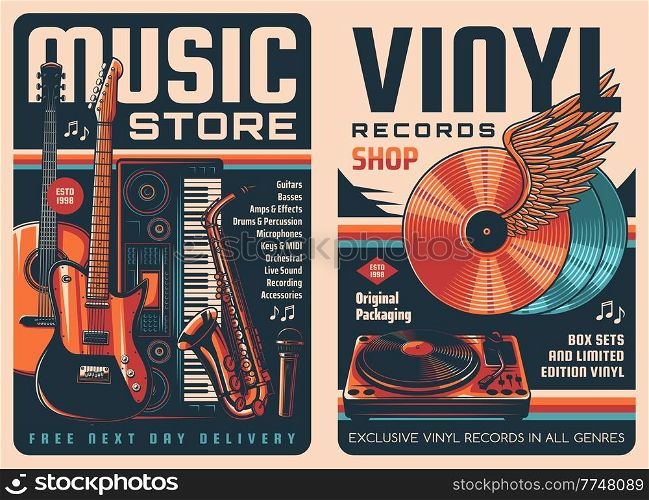 Vinyl records and music store retro posters. Vintage music records shop, musical instruments and equipment store vector banners with guitars, MIDI keyboard and saxophone, vinyl disks turn table. vinyl records and music store retro posters
