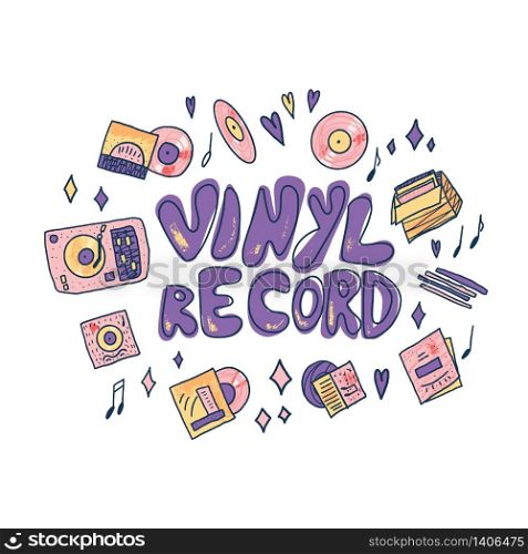 Vinyl records concept. Emblem with Vinyl record lettering. Text with musical symbols isolated. Vector color illustration.