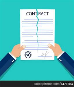 Violate of a contract. Hands breaking a paper contract in flat style. Termination job concept. Tearing business document. End finance deal. Businessman violated official document. vector isolated. Violate of a contract. Hands breaking a paper contract in flat style. Termination job concept. Tearing business document. End finance deal. Businessman violated official document. vector