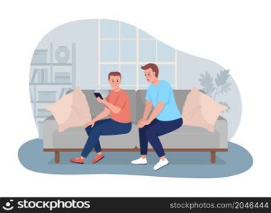 Violating child privacy 2D vector isolated illustration. Curious father and annoyed son with phone flat characters on cartoon background. Excessive parental involvement colourful scene. Violating child privacy 2D vector isolated illustration