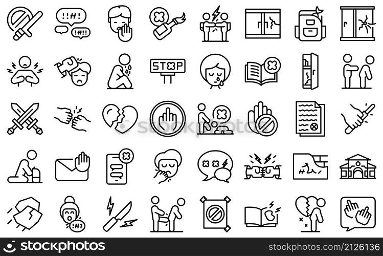 Violence at school icons set outline vector. Victim abuse. Family depresion. Violence at school icons set outline vector. Victim abuse