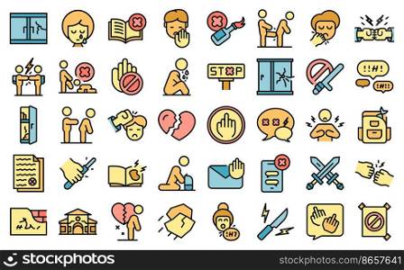 Violence at school icons set outline vector. Victim abuse. Family depresion. Violence at school icons set vector flat