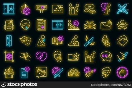 Violence at school icons set outline vector. Victim abuse. Family depresion vector neon. Violence at school icons set outline vector. Victim abuse vector neon