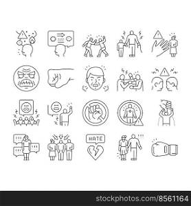 violence first aggressive hand icons set vector. anger conflict, aggression human fight, man people abuse, angry power crime protest violence first aggressive hand black contour illustrations. violence first aggressive hand icons set vector