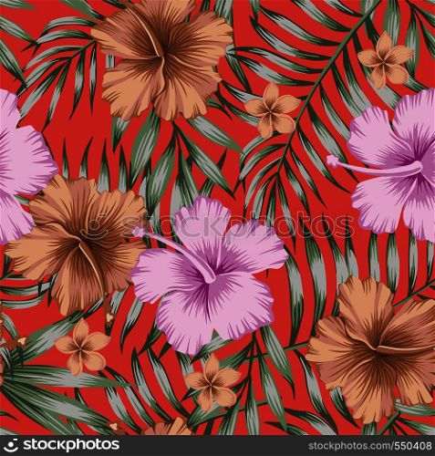 Violet and brown tropical flowers hibiscus and frangipani (plumeria) green palm leaves trendy living coral background. Seamless vector pattern