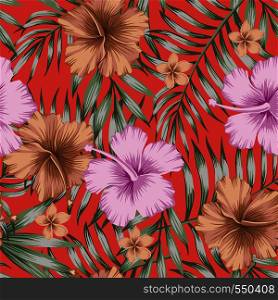Violet and brown tropical flowers hibiscus and frangipani (plumeria) green palm leaves trendy living coral background. Seamless vector pattern