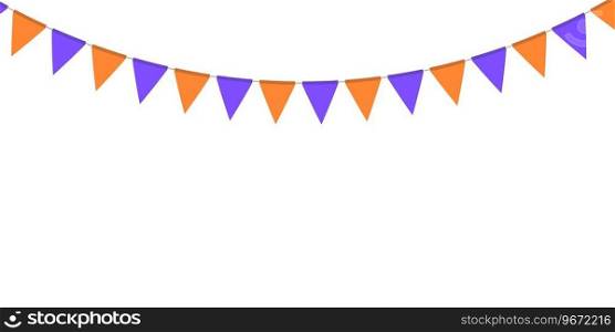 Violet and orange flag garland. Triangle pennants chain. Party decoration. Celebration flags for decor. Vector illustration  