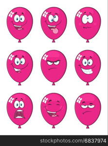 Violet Balloons Cartoon Mascot Character With Expressions. Collection Set Isolated On White Background