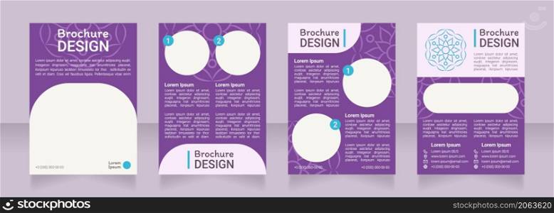 Violet boho ornamental blank brochure design. Template set with copy space for text. Premade corporate reports collection. Editable 4 paper pages. Roboto Light, Medium, Itim Regular fonts used. Violet boho ornamental blank brochure design