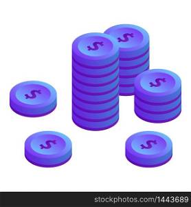 Violet coin stack icon. Isometric of violet coin stack vector icon for web design isolated on white background. Violet coin stack icon, isometric style