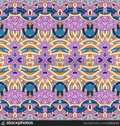 Violet doodle Vector seamless pattern. Indian psychedelic colorful fabric print ethnic festival art. Floral ethnic tribal festive pattern. Abstract geometric colorful seamless mandala flower ornamental. Mexican design