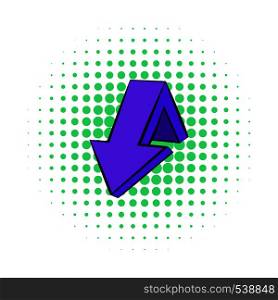 Violet down arrow icon in comics style isolated on white background. Violet down arrow icon, comics style