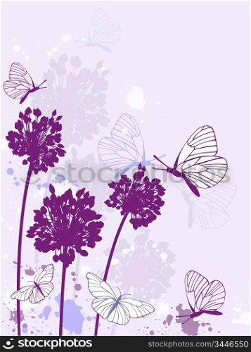 violet floral background with butterflies and blots