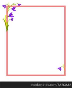 Violet flowers in corners of frame vector illustration isolated on white. Empty border with place for your photo information or text, spring plants. Violet Flowers in Corners of Empty Frame Vector