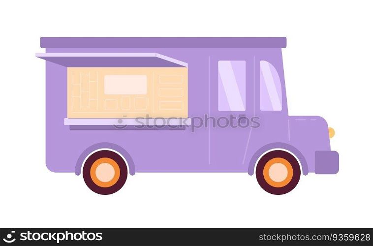 Violet food truck flat semi flat colour vector object. Car for cooking and selling street food. Editable cartoon clip art icon on white background. Simple spot illustration for web graphic design. Violet food truck flat semi flat colour vector object
