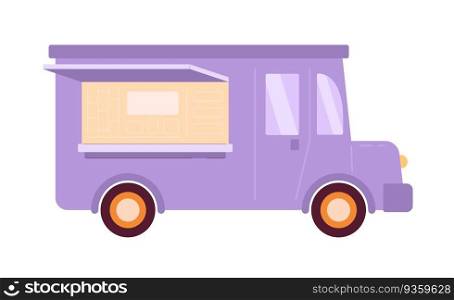 Violet food truck flat semi flat colour vector object. Car for cooking and selling street food. Editable cartoon clip art icon on white background. Simple spot illustration for web graphic design. Violet food truck flat semi flat colour vector object