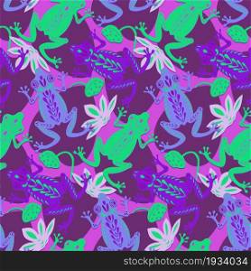 Violet green frogs on a pond with lilies and leaves. Seamless pattern. Paper cut flat style. Fabric decoration. Print for clothes. Textile design. Hand-drawn cute character. Vector illustration. Violet green frogs on a pond with lilies and leaves. Seamless pattern. Paper cut flat style. Fabric decoration. Print for clothes. Textile design. Hand-drawn cute character. Vector