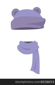 Violet Hat with Ears and Long Silk Scarf. Vector. Hat. Funny violet hat with dark small ears and long silk soft scarf. Violet scarf twisted on the right. White background. Headgears for kids. Winter clothing. Flat design. Vector illustration