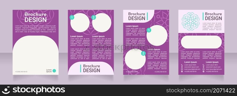 Violet ornamental blank brochure design. Template set with copy space for text. Premade corporate reports collection. Editable 4 paper pages. Roboto Light, Medium, Itim Regular fonts used. Violet ornamental blank brochure design
