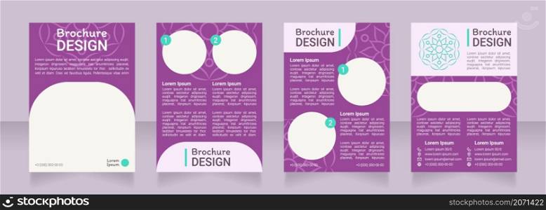 Violet ornamental blank brochure design. Template set with copy space for text. Premade corporate reports collection. Editable 4 paper pages. Roboto Light, Medium, Itim Regular fonts used. Violet ornamental blank brochure design