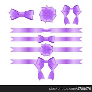 Violet Ribbon and Bow Set for Birthday and Christmas Gift Box. Realistic Silk Ribbon Decoration. Vector Illustration EPS10