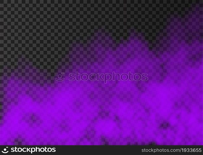 Violet smoke isolated on transparent background. Steam special effect. Realistic colorful vector fire fog or mist texture.