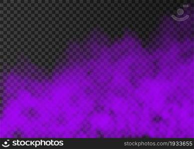 Violet smoke isolated on transparent background. Steam special effect. Realistic colorful vector fire fog or mist texture.