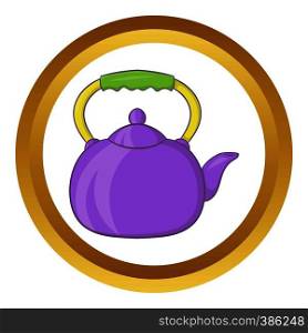 Violet teapot vector icon in golden circle, cartoon style isolated on white background. Violet teapot vector icon
