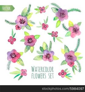 Violet watercolor set. Elements for design. Vector isolated illustration.