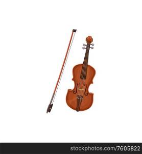 Violin fiddle with bow isolated violoncello. Vector musical instrument, orchestra cello or viola. Violoncello isolated violin fiddle with bow