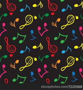 Violin key and musical notes sign colorful symbol seamless pattern on black background. Vector illustration.